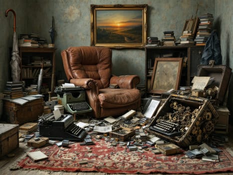 Chaotic vintage interior with scattered books, typewriters, paintings and various old objects creating a nostalgic atmosphere. Ai generated