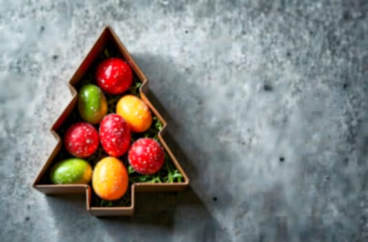Brightly colored eggs rest in a Christmas tree shaped box, showcasing festive decor for holiday celebrations during New Year.. Blurred picture
