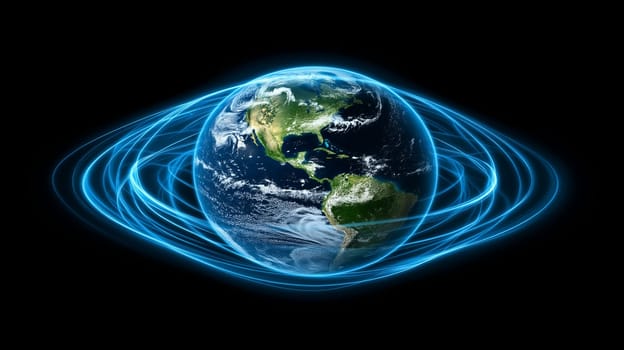 This artwork depicts a glowing blue digital version of Earth, surrounded by swirling energy waves, emphasizing the planet's beauty and vitality against a dark backdrop.