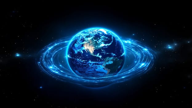 A glowing blue digital representation of Earth is surrounded by a radiant energy ring.