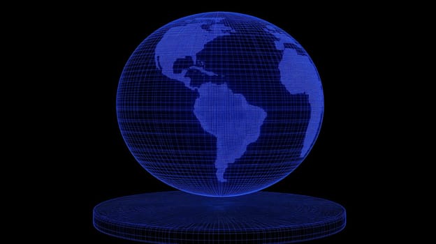 A luminous blue globe showcases a digital map of Earth, highlighting continents and oceans against a black background, representing a modern interpretation of our planet.