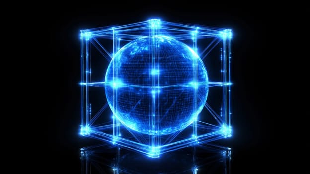 A vivid blue digital globe showcases Earth's continents in a high-tech format. The spherical representation is enclosed in a geometric framework, illuminated against a dark background.