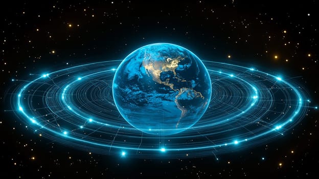 A vibrant blue digital portrayal of Earth is illuminated against a dark backdrop filled with stars. Surrounding the planet are intricate glowing rings, symbolizing its cosmic presence and movement.