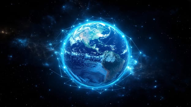 A vibrant blue digital representation of Earth showcases its continents and oceans, illuminated by a glowing outline. The cosmic background adds depth to this striking visual.