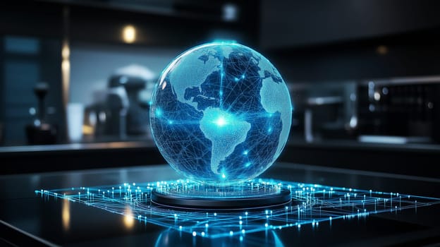 A glowing blue digital representation of Earth showcases intricate network connections. The model is positioned on a sleek surface, enhanced by ambient lighting in a contemporary environment.