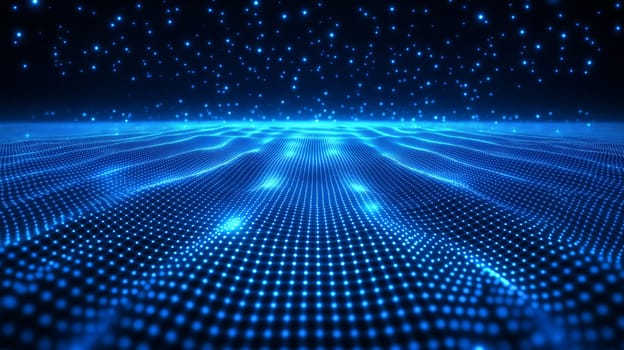 A vibrant blue digital representation of Earth is displayed, featuring a grid-like surface illuminated by countless glowing particles.