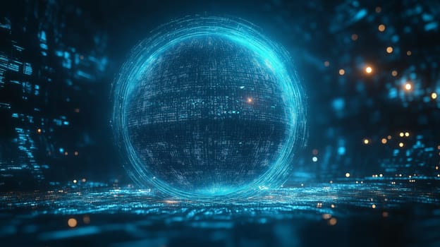 A glowing blue sphere symbolizes Earth, embedded in a futuristic digital landscape. Surrounding data streams and lights illuminate the dark background, portraying a high-tech environment.