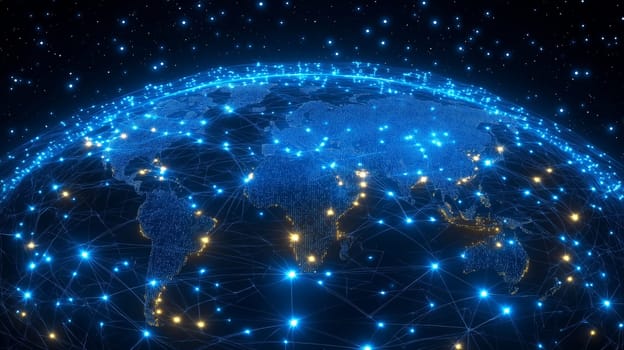 A vibrant blue depiction of Earth illuminates the globe, highlighting major cities and regions through interconnected lights.