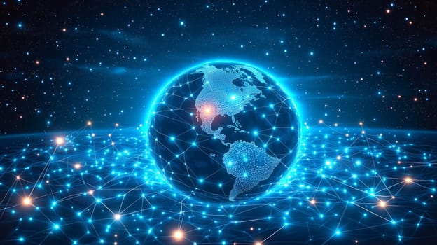 A glowing digital Earth floats in a dark cosmic space, connected by vibrant blue lines that symbolize networks and communication. Stars twinkle in the background, enhancing the futuristic view.