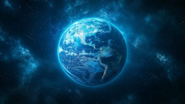 A vibrant blue digital representation of Earth showcases its continents and oceans, illuminated by a glowing outline. The cosmic background adds depth to this striking visual.