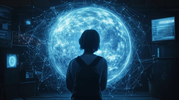 A person stands in a shadowy room, gazing at a glowing blue digital model of Earth. Surrounded by screens displaying data, they look contemplatively at the vibrant globe.
