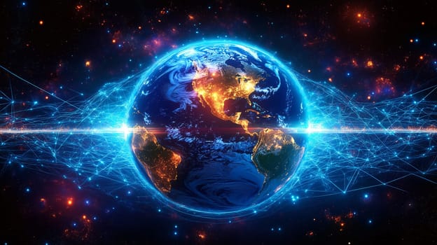 A bright blue digital globe illuminates the dark cosmic background, showcasing Earth from a global perspective. This visual highlights landmasses and glowing connections representing data flow.