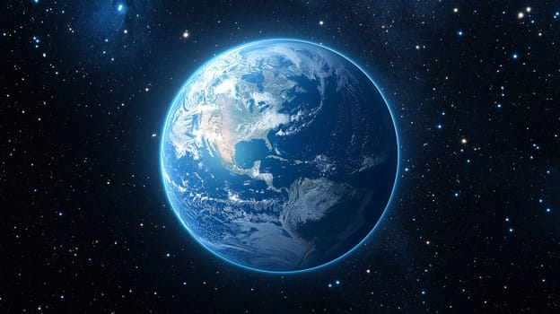 A vibrant blue digital representation of Earth showcases its continents and oceans, illuminated by a glowing outline. The cosmic background adds depth to this striking visual.