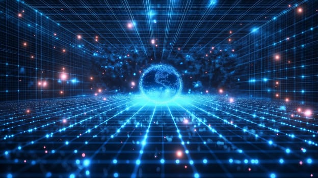 A vibrant blue depiction of Earth floats at the center of a digital grid filled with glowing particles.