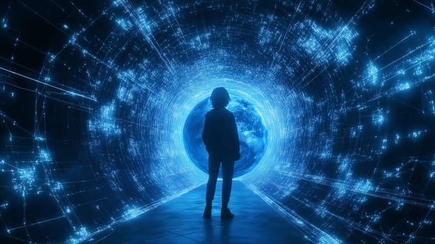 A silhouetted figure stands at the edge of a glowing digital tunnel showcasing a blue Earth.