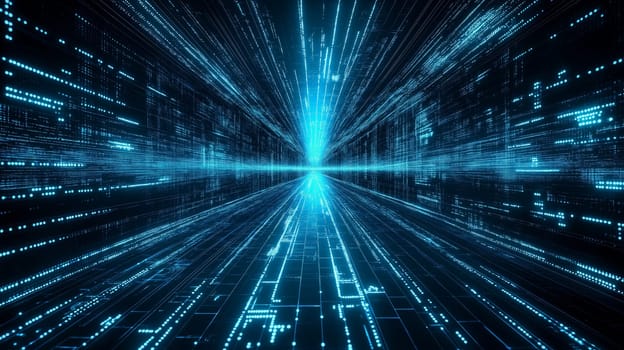 A vibrant blue digital visualization of Earth emerges from a matrix of interconnected lines and dots, illustrating a futuristic interpretation of global connectivity.