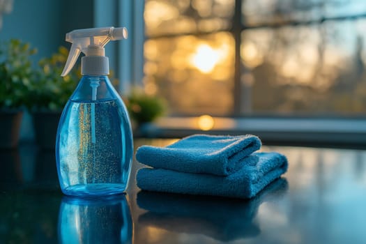 A bottle of cleaning spray sits beside a folded blue cloth on a sunlit countertop. The warm light highlights the cleaning materials, creating a peaceful home atmosphere.