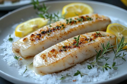 Delicate razor clams are elegantly arranged on a bed of ice, garnished with fresh herbs and slices of lemon, showcasing a fine dining experience in an upscale restaurant setting.