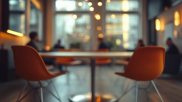 Participants gather around a round table in a modern meeting room. The ambiance features warm lighting, promoting collaboration and engagement in a professional setting.