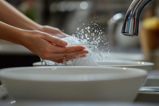 Female hands are immersed in soapy water, scrubbing dishes at a kitchen sink, with droplets splashing around. The setting is bright and clean, indicating an organized space.
