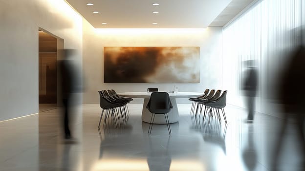 A modern corporate meeting room with a circular table at its center. Blurred figures move around, indicating a busy and collaborative atmosphere. Large windows allow natural light.
