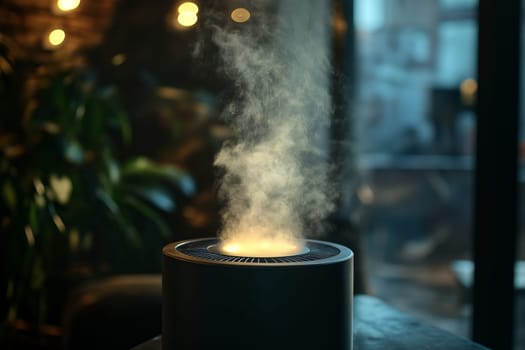A vaporizer emits a gentle mist, creating a calming atmosphere in a softly lit urban room, surrounded by indoor plants and warm lights. Perfect for relaxation and ambiance.