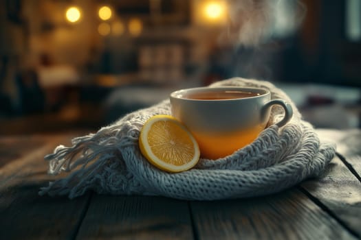 A soft scarf is loosely draped around a steaming cup of tea set on a rustic wooden table, complemented by a fresh lemon slice, creating a cozy and inviting atmosphere.