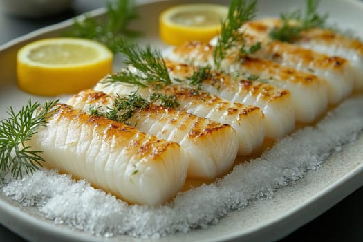 Delicate razor clams are elegantly arranged on a bed of ice, garnished with fresh herbs and slices of lemon, showcasing a fine dining experience in an upscale restaurant setting.