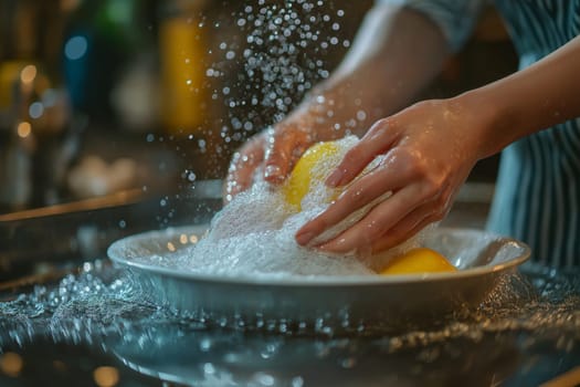 Close up of female hands scrubbing dishes in a kitchen. Water splashes and soap bubbles are visible as lemons sit in the sink, highlighting the cleaning process and effort involved.