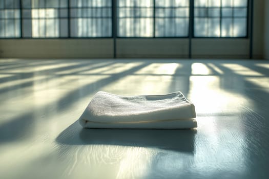 A small cleaning wipe is placed neatly on a large, unobstructed floor surface. Sunlight filters through tall windows, casting soft shadows and creating a serene atmosphere.