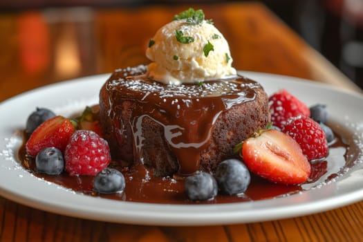 Rich chocolate lava cake oozes warm, gooey center, surrounded by fresh raspberries and blueberries. A scoop of ice cream melts gently on top, creating a delightful dessert experience.