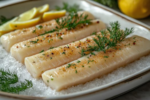Delicate razor clams are elegantly arranged on a bed of ice, garnished with fresh herbs and slices of lemon, showcasing a fine dining experience in an upscale restaurant setting.