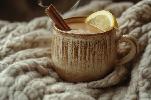 A warm mug of herbal tea rests on a soft, textured blanket. The steaming drink is adorned with a cinnamon stick and a slice of lemon, inviting relaxation and comfort.