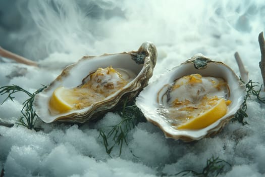 Live oysters are artistically displayed on a bed of ice, garnished with fresh lemon slices and greenery. The presentation highlights their natural beauty and appeal, perfect for seafood lovers.