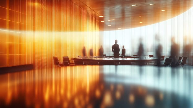 In a sleek corporate meeting room, blurred silhouettes gather around a round table. The modern space features large windows letting in natural light, setting a professional tone.