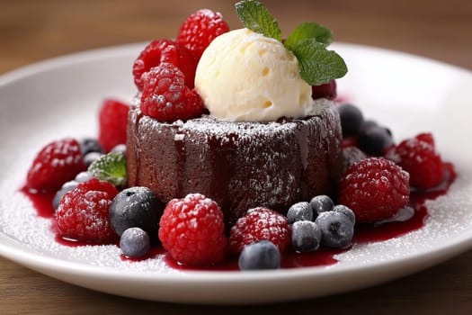 Rich chocolate lava cake oozes warm, gooey center, surrounded by fresh raspberries and blueberries. A scoop of ice cream melts gently on top, creating a delightful dessert experience.