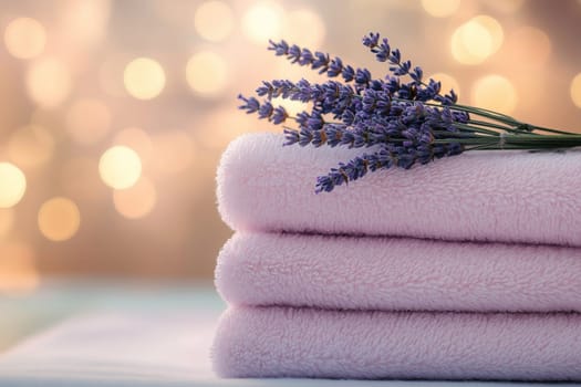 A stack of soft, pastel-colored towels is neatly arranged on a surface. A sprig of lavender rests atop the towels, creating a calming and inviting atmosphere.