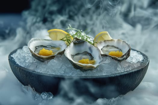 Freshly shucked oysters presented elegantly on a bed of ice, garnished with seaweed and accompanied by wedges of lemon, creating a sensory experience for seafood lovers.