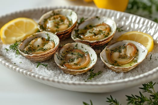 Fine dining plate showcases live razor clams arranged beautifully on a bed of salt. Fresh lemon slices and herbs enhance the dish's elegant presentation, perfect for gourmet cuisine lovers.