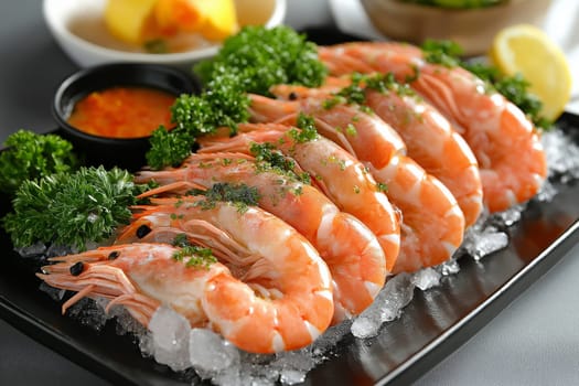 Delicately arranged live prawns are presented on a platter over ice, garnished with parsley and served with a tangy sauce. Perfect for seafood enthusiasts craving freshness and quality.