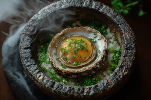 Live abalone rests in its shell, surrounded by fresh herbs and garnishes. This dish showcases vibrant colors and textures, creating an appealing presentation for seafood enthusiasts.