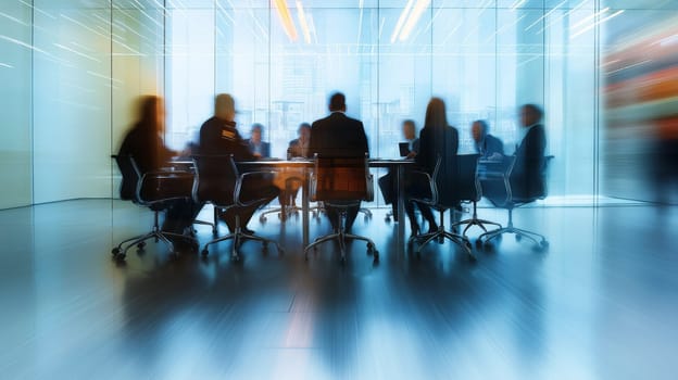 A corporate meeting unfolds in a modern room featuring a round table surrounded by participants. The atmosphere reflects a professional setting with blurred interactions.