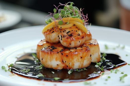 A gourmet dish features three perfectly seared scallops, garnished with lemon slices and microgreens. Dark sauce drizzles the plate, enhancing the elegant presentation in a fine dining setting.