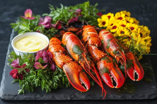Display of a vibrant seafood platter showcasing live lobsters surrounded by colorful flowers and fresh herbs, accompanied by a creamy dipping sauce. Perfect for a special occasion.