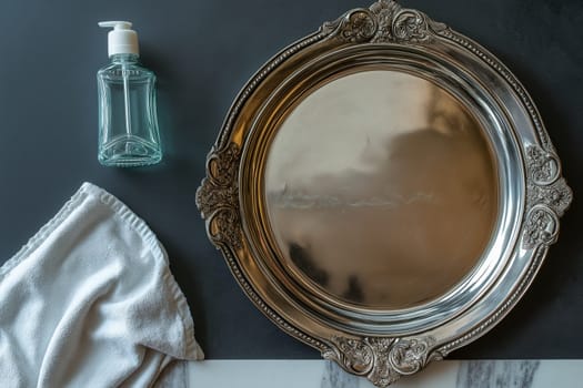 A tarnished silver tray is displayed alongside cleaning supplies on a dark surface. The cleaning process highlights the contrast between the tarnished and polished appearances of the tray.
