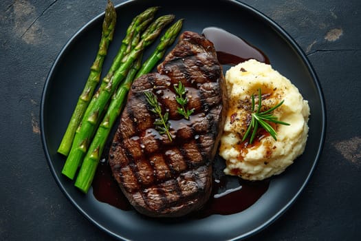A top view showcases a luxurious wagyu steak beautifully plated alongside grilled asparagus and smooth, creamy mashed potatoes, all drizzled with a rich sauce.