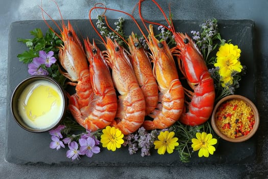 This seafood platter showcases fresh, vibrant shrimp arranged beautifully with edible flowers and dipping sauces. A delightful display perfect for seafood lovers.