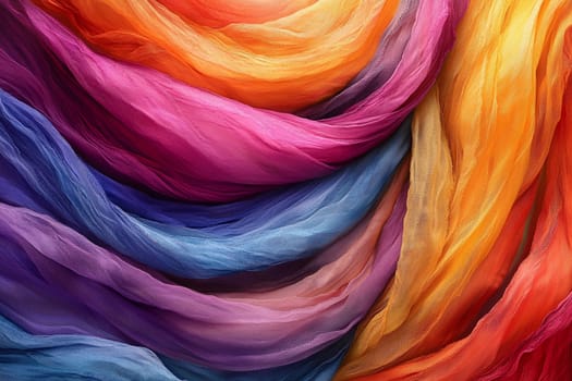 Flowing silk fabrics in bright colors twist and turn, creating a stunning visual composition perfect for artistic inspiration.