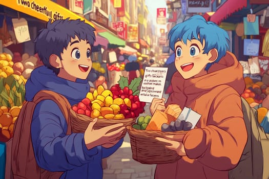 Friends share a joyful moment exchanging colorful fruits in a lively market filled with diverse products and cheerful vendors.