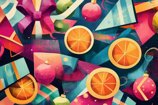 Brightly colored gift boxes, ornaments, and orange slices are arranged creatively to evoke a cheerful holiday atmosphere.